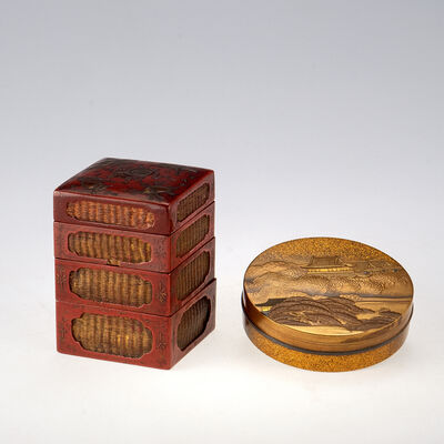 楼閣風景蒔絵香盒・彩漆重盒（各箱付）