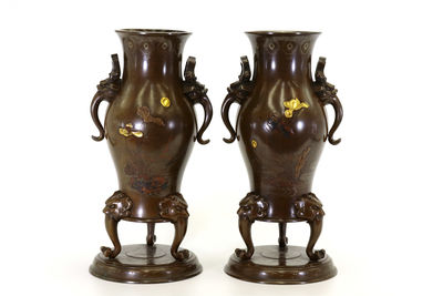 花鳥高肉象嵌花瓶一對