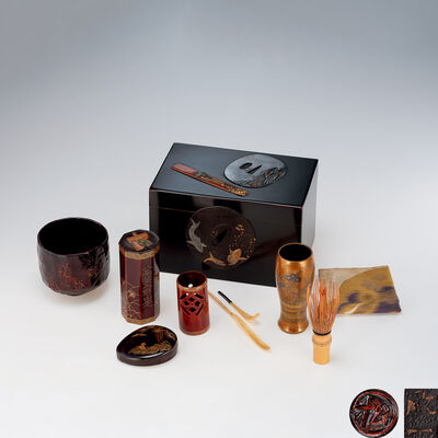 抹茶道具組 正珉刻金工象嵌箱付（木箱）