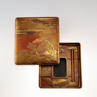 遠山松濤 金蒔絵御硯箱 （資料付 二重共箱）