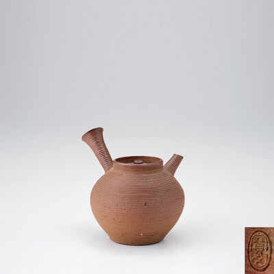 寶山作　横紋白泥小急須（木箱）