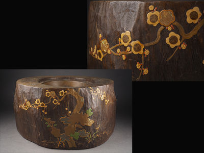 【夢工房】時代桐天然木刳抜蒔絵螺鈿梅図瓶掛　5.3ｋｇ　辰-5