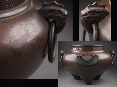 【夢工房】時代斑紫銅遊環鬼面耳風炉　4.9ｋｇ　辰-12