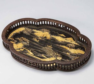 2103 清 紫檀金绘嵌银丝拖盘