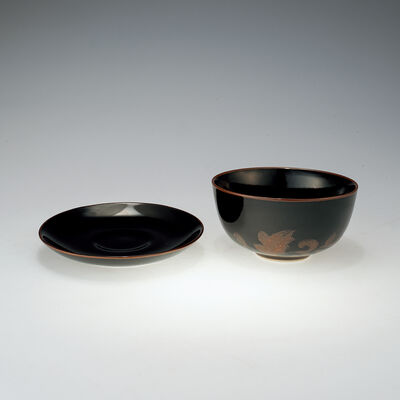 暁芳窯早期黒釉鉄錆花泡茶碗組（元箱）
