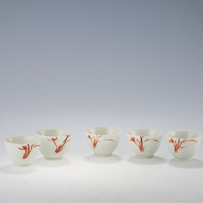 赤絵蘭図玉露煎茶碗五客（木箱）