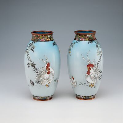 銀線雄鶏図七宝花瓶一対