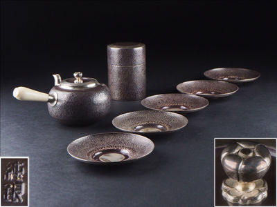 【夢工房】純銀製鎚目煎茶器三点揃　桐箱　計863ｇ　　辰-102