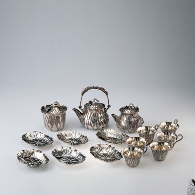 永重造　純銀蓮葉紋茶器組（箱付）