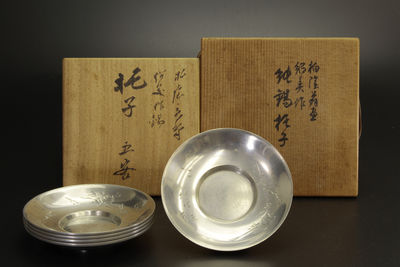 紹美作 家屋山水刻 茶托5客（雙重共箱）