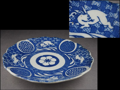 【夢工房】明治印判波兎図八寸皿・明治期　径23.8㎝　辰-60