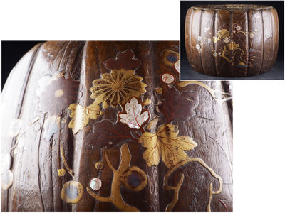 【夢工房】時代梅菊蘭蒔絵螺鈿木瓜形桐瓶掛火鉢　重さ2.7ｋｇ　来-29