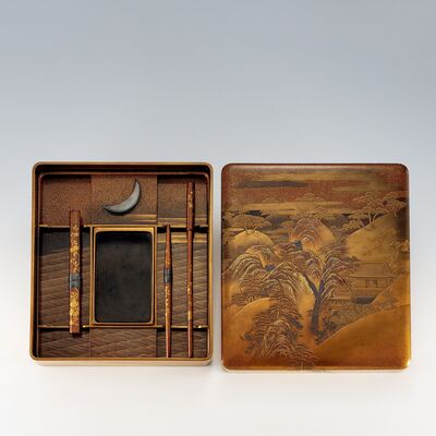 蓬莱山水図金蒔絵硯箱（箱付）