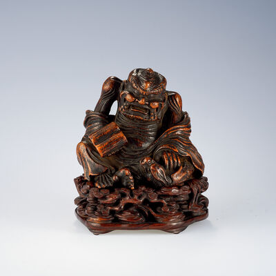 竹根彫鬼置物 台付