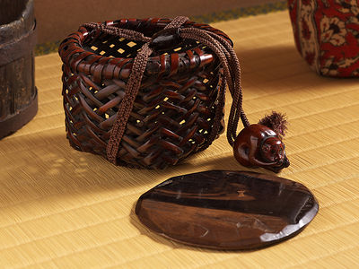 唐物古竹提篭 猿根付