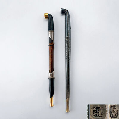 金工竹管金象嵌煙管・寿老人彫銀煙管 2点組