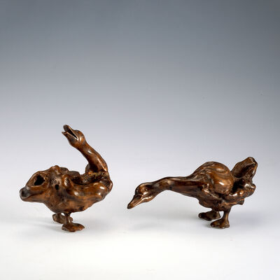 天然木鴨形置物2点（箱付）