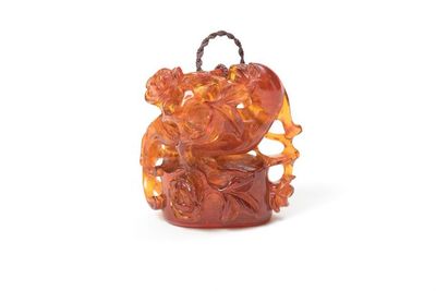 清 琥珀透雕 花鳥紋 印章