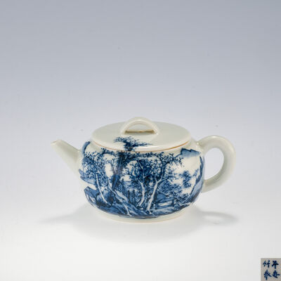 二世三浦竹泉 青華山水図煎茶急須（共箱）