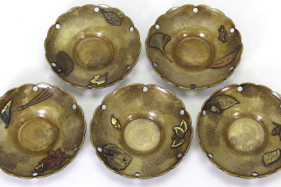 鈴木長翁斎造 蟲草象嵌茶托5客（共箱）