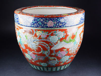 【夢工房】古伊万里十錦手鳳凰図大瓶掛火鉢　来-25