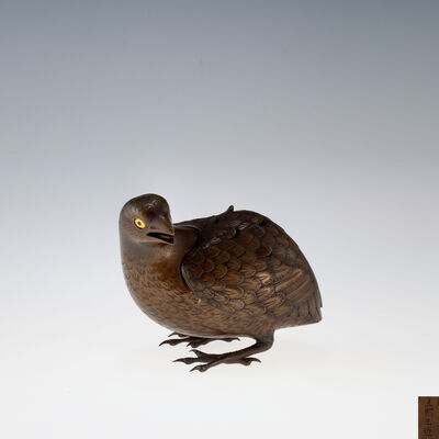 金谷五郎三郎造　黄唐銅鶉香炉（共箱）