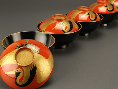 【雅】茶懐石道具 鶴蒔絵日の出椀五客 AS839