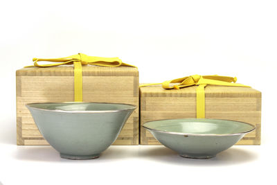 青瓷茶碗一對 朧月滿月形（共箱）