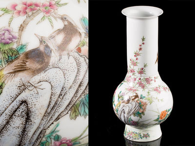 【雅】中国古玩 乾隆年製 粉彩漢詩花鳥図花瓶 AS627