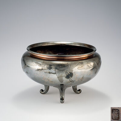 明治時代 純銀製金目雲鶴彫大菓盆