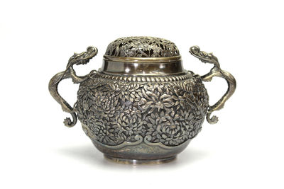 鴻池 在銘 純銀龍耳菊尽文 香爐