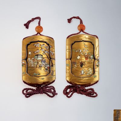 根本造　芝山象嵌骷髏出行図蒔絵印籠　1890年代製　「MeijiModern」書籍登載有P172-173