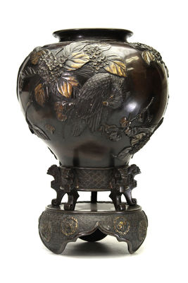 金工花瓶 銅象嵌花鳥紋（共箱）