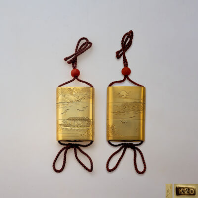 鈴木美彦 K20金風景図刻 三段印籠（木箱）