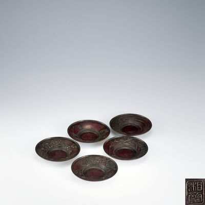 湘斎作　斑紫銅五清文茶托5客（共箱）