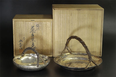尚美堂造 純銀 藤手菓子器 2件（各共箱）