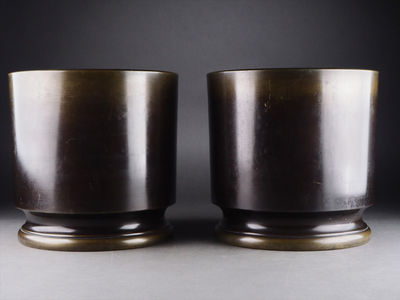 【夢工房】時代宣徳銅雷銀象嵌筒形火鉢一雙　計7.5ｋｇ　　丑-6