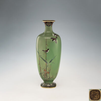 竹雀図七宝花瓶（箱付）