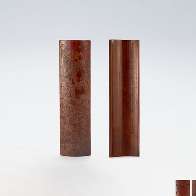 明　張希黄刻　山水図茶合（紅木箱付）