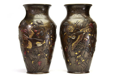 江川作 古銅象嵌花瓶 （一對）
