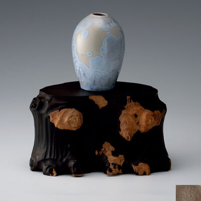 三代清風与平作　結晶釉一輪生　黒檀木台付（四代鑑定箱）