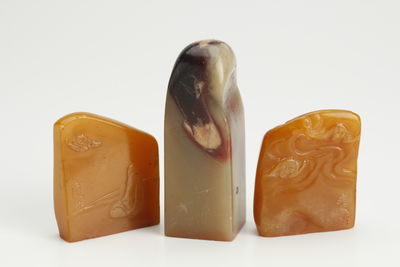 【痩竹款】田黄雕蝠人物圖印章・田黄印章・寿山石方印 三点