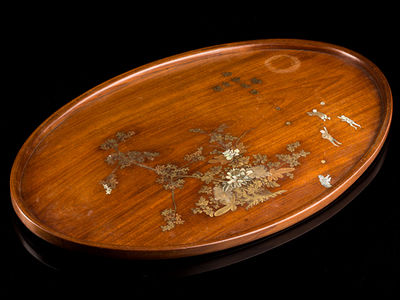 【雅】古美術品 時代唐木造螺鈿細工楕円盆 中国美術 LAW774