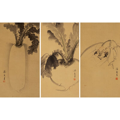 香川勝広筆　芭蕉・大根・布袋　掛軸3幅（箱付）