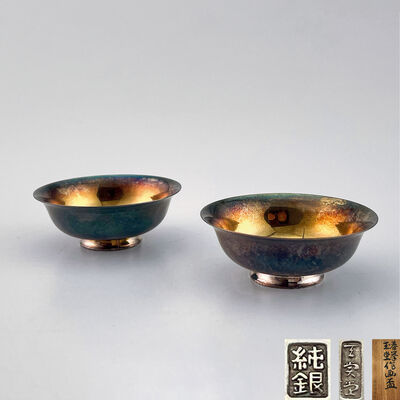 天賞堂造春舉玉堂 作画盃銀盃一対（共箱）