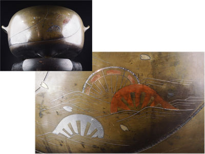 【夢工房】　時代宣徳銅波水車銀象嵌耳付三足瓶掛　12.3ｋｇ　来-8