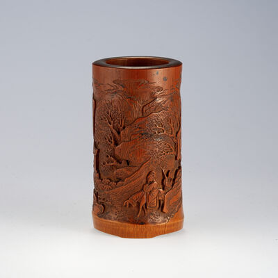 少溪刻 踏雪尋梅図竹筆筒