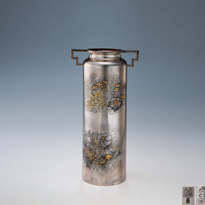 尚美堂造 熙雲銘 銀耳付花瓶（木箱）