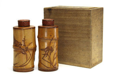 在銘 蟲草文 竹茶入一對（共箱）