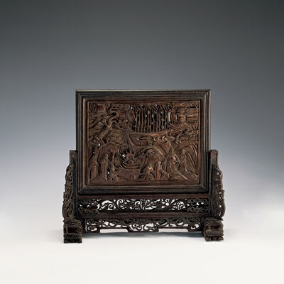 人物物語図透彫硯屏（箱付）